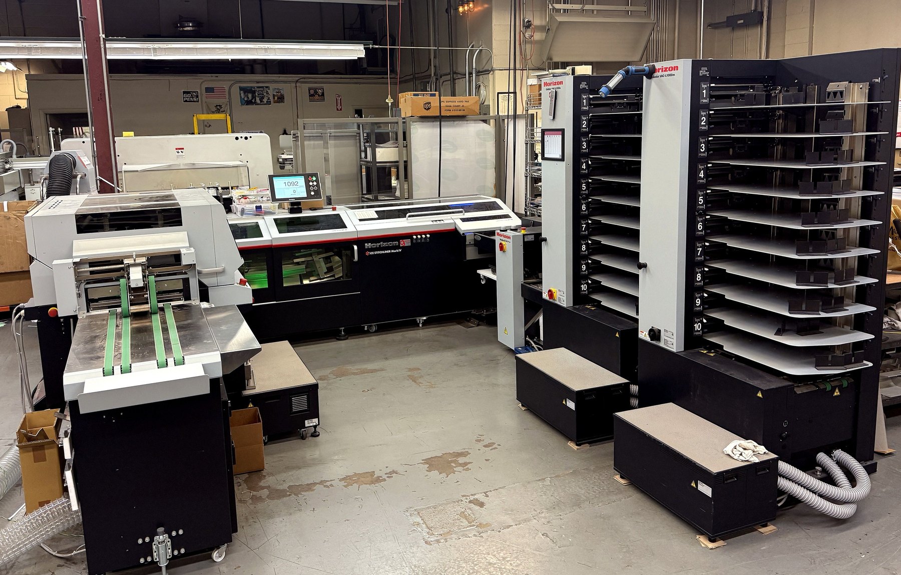 The Horizon iCE StitchLiner Mark IV collating towers, stitching unit and trimmer at Broudy Printing