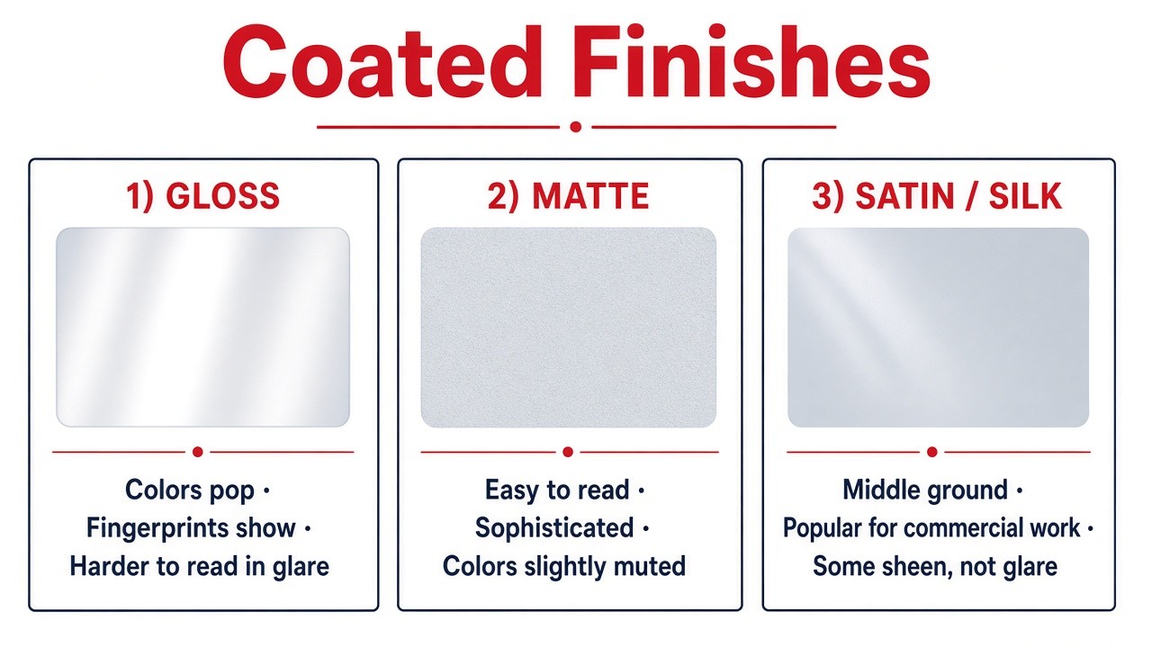Coated finishes compared: gloss, matte, and satin/silk