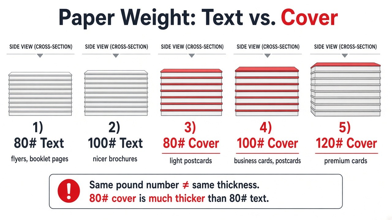 Paper weight guide comparing 80# and 100# text to 80#, 100#, and 120# cover