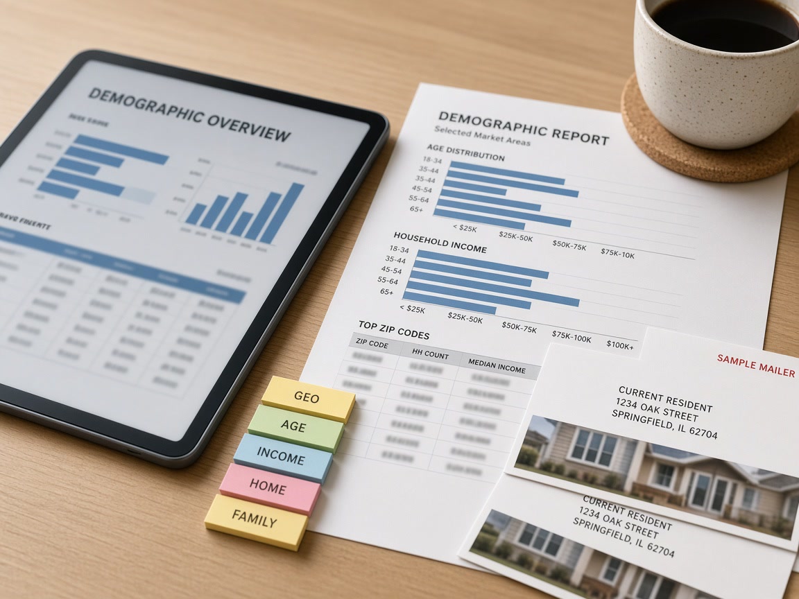 Demographic report, geo and age selects, and sample mailers on a planner’s desk