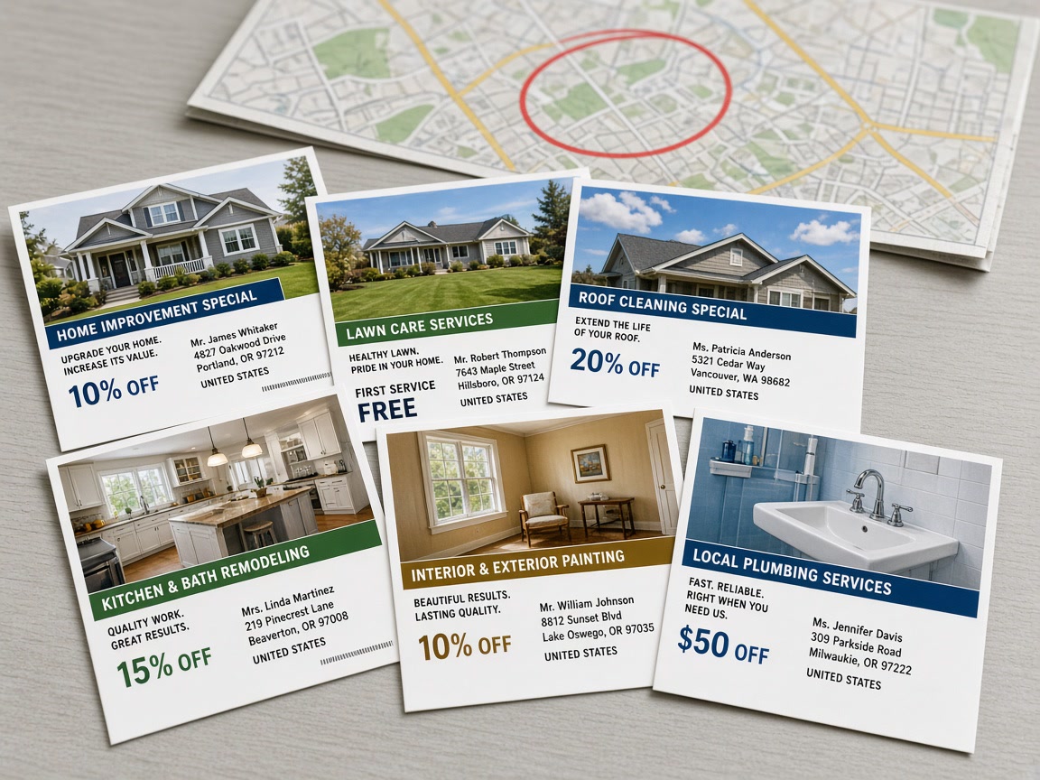 Targeted postcards with different names and offers beside a map with a radius mark
