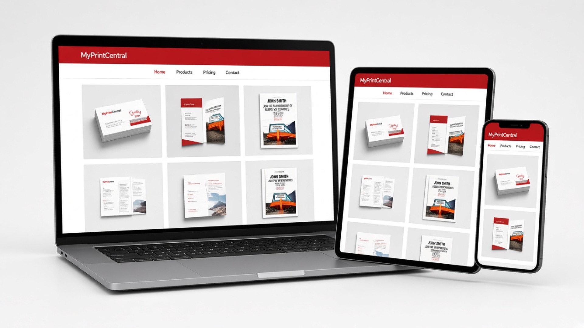 MyPrintCentral storefront on laptop, tablet, and phone