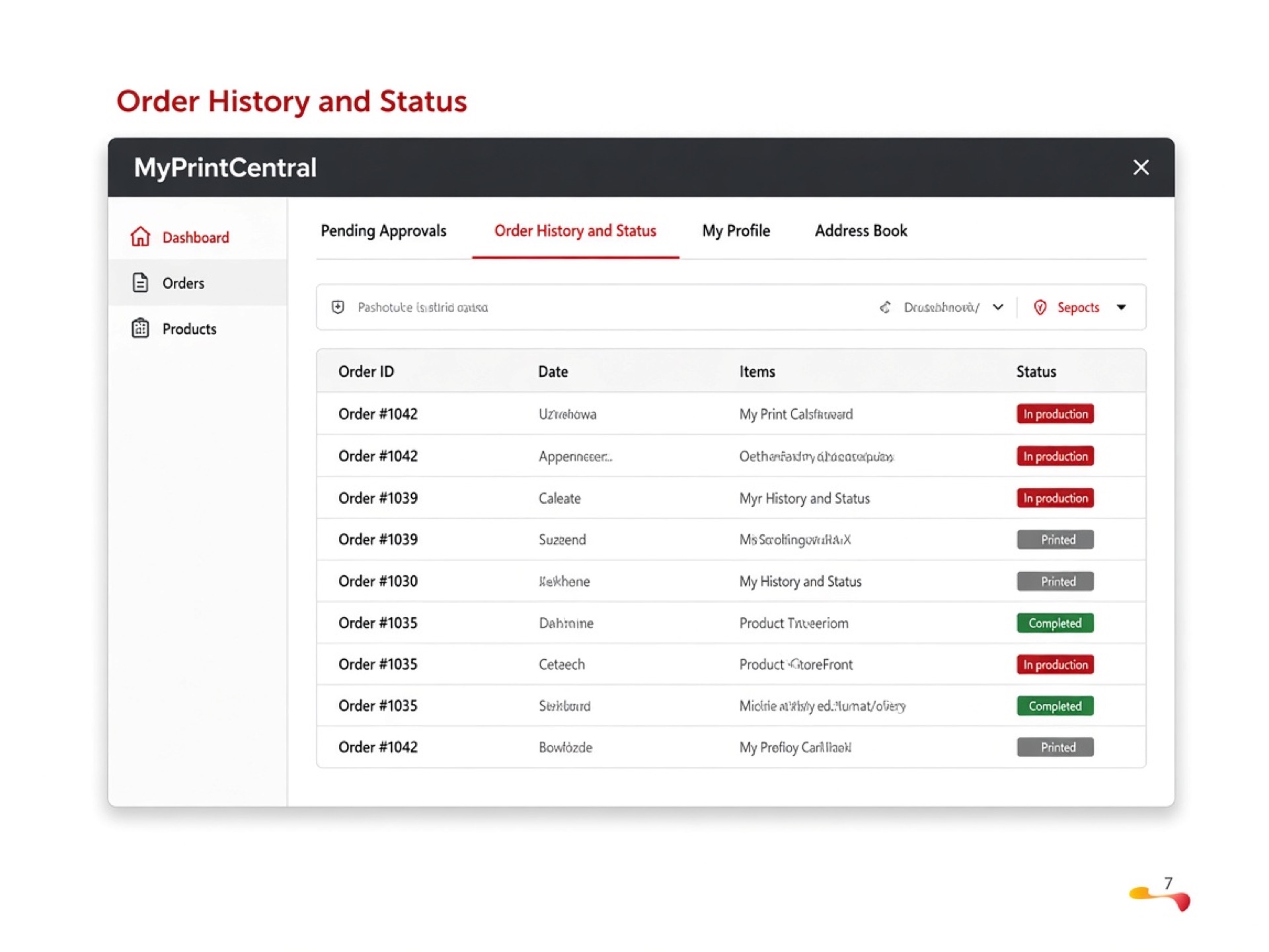 MyPrintCentral order history and status dashboard