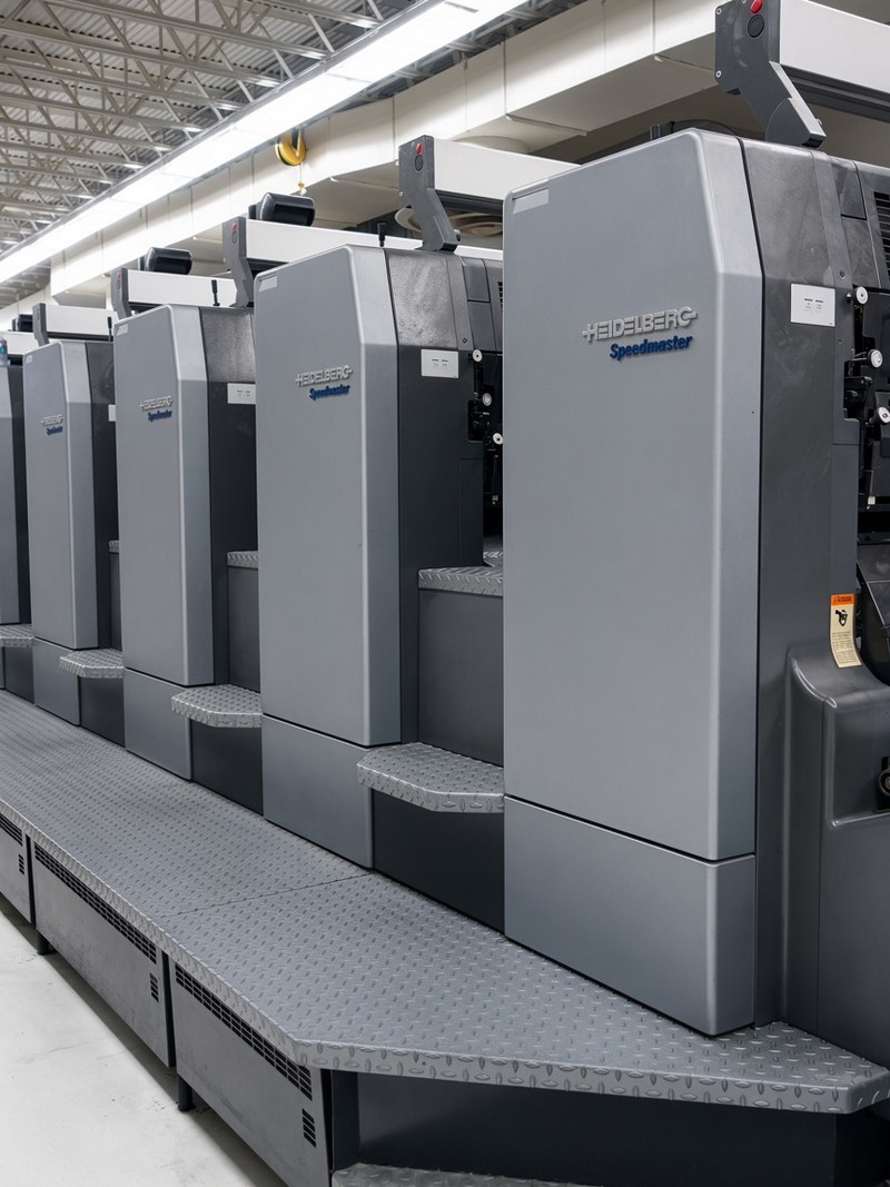 The Heidelberg Speedmaster press row on the Broudy plant floor