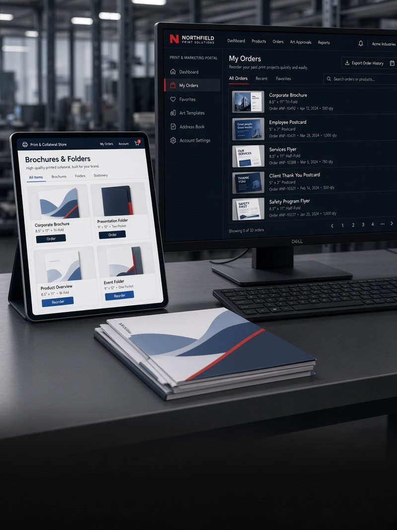 Online print storefront on tablet and monitor with finished printed pieces