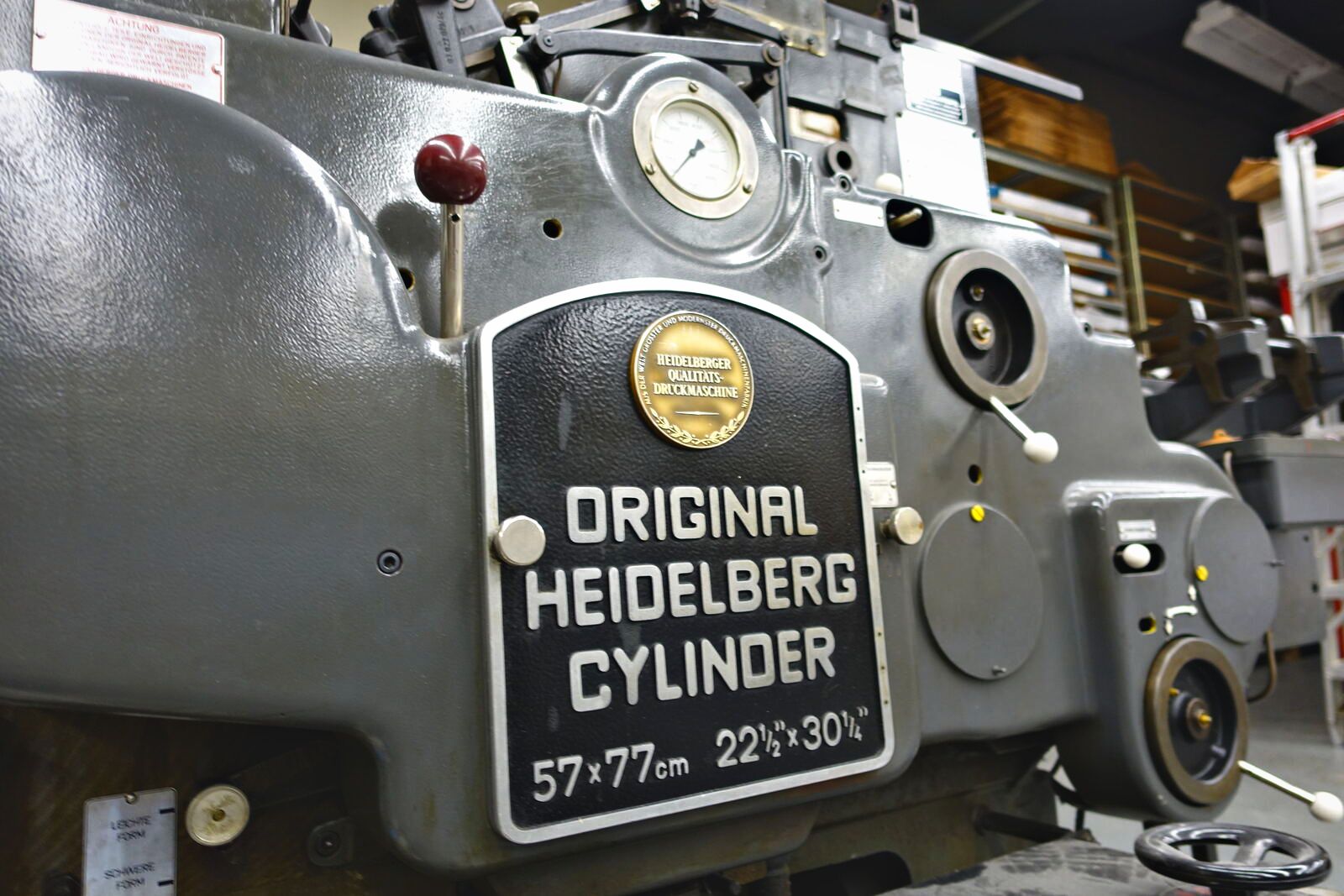 An Original Heidelberg cylinder press, used for die-cutting and letterpress at Broudy Printing