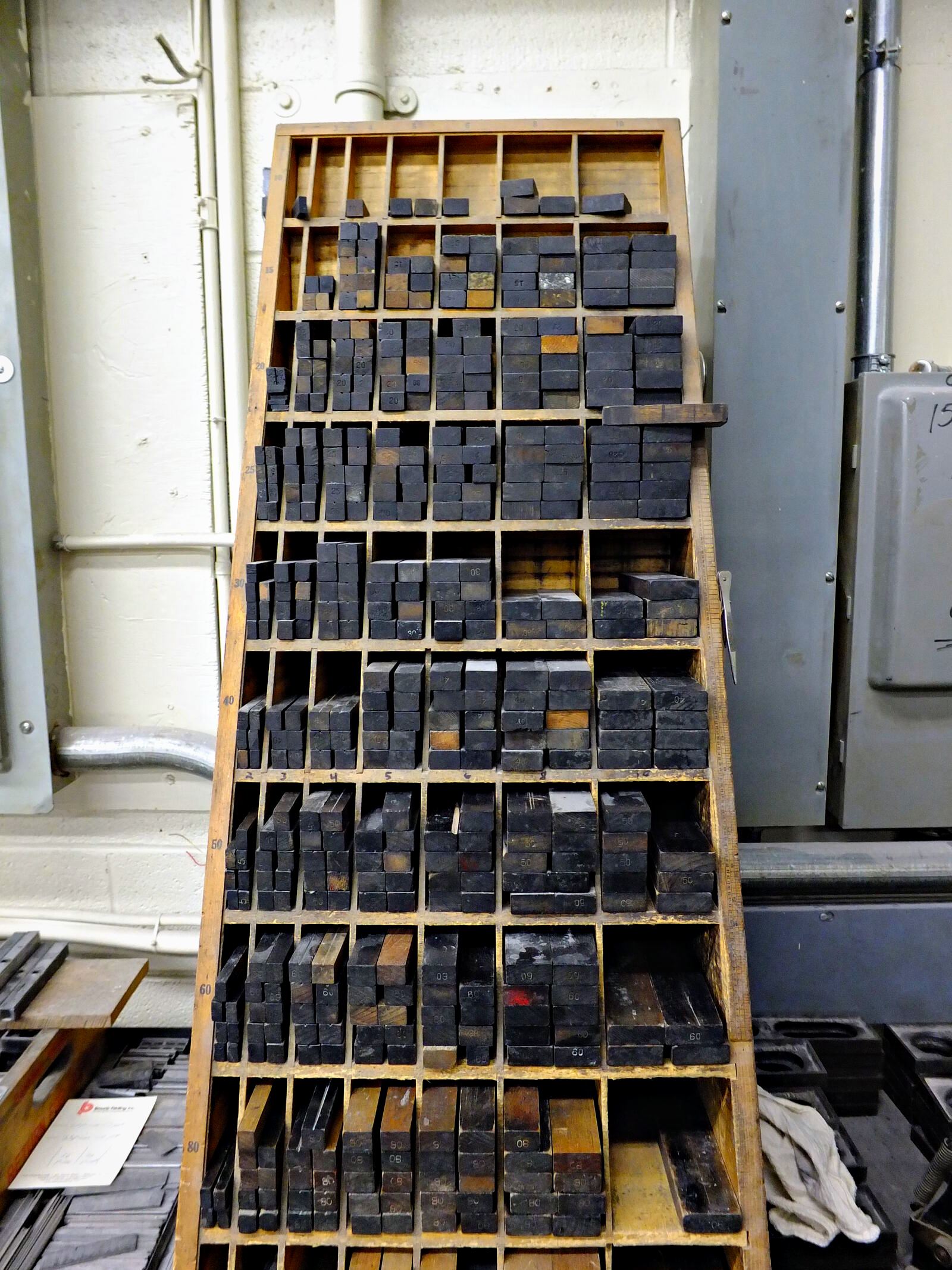 Cases of hand-set letterpress type at Broudy Printing