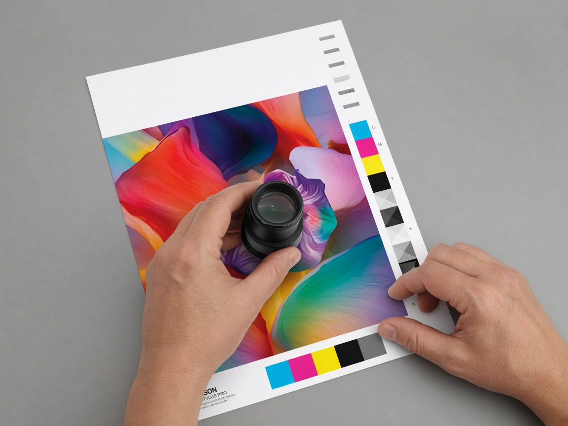 Technician examining a color contract proof with a loupe and CMYK color bars