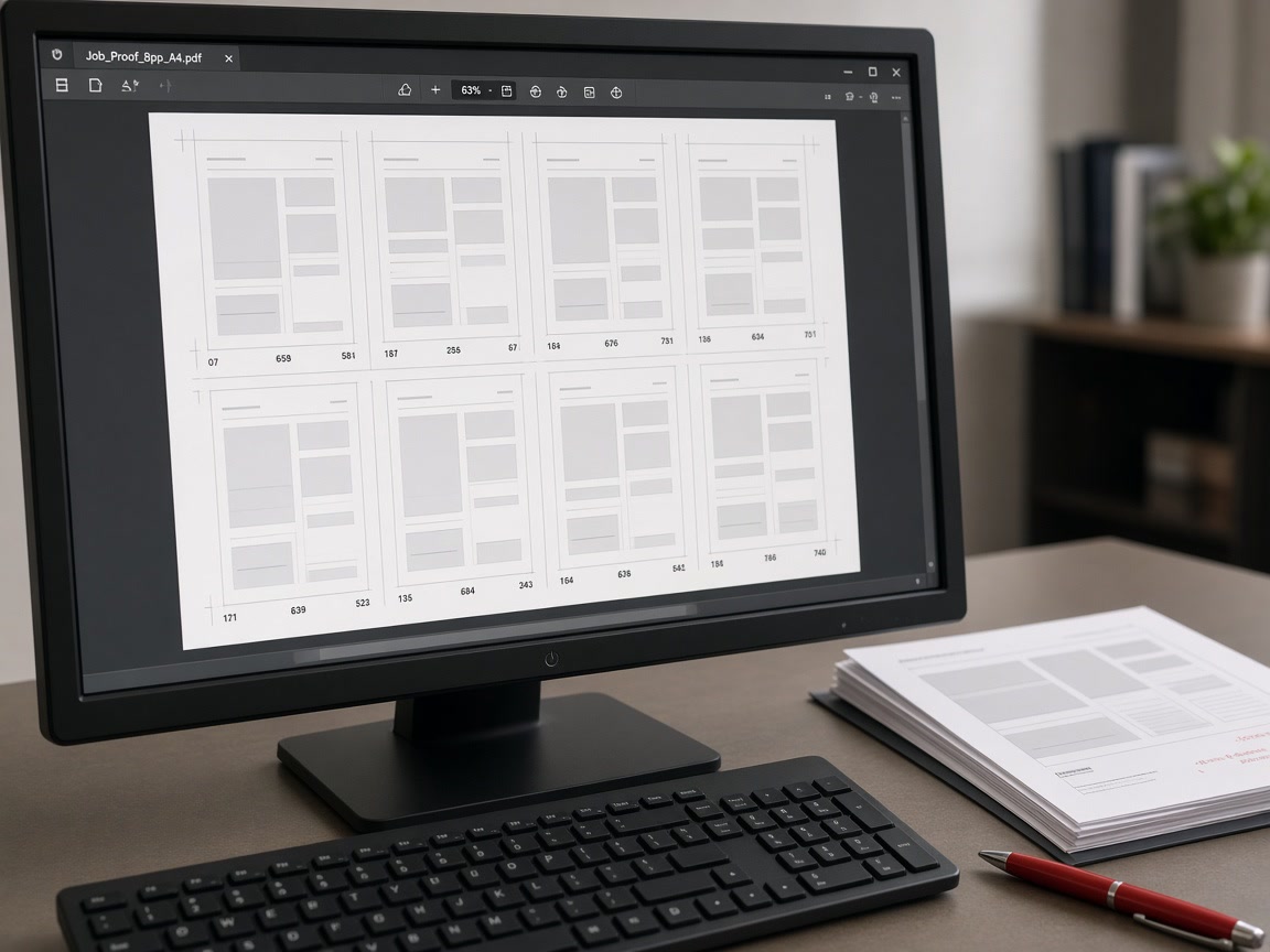 Prepress workstation showing an imposition soft proof with crop marks on a calibrated monitor