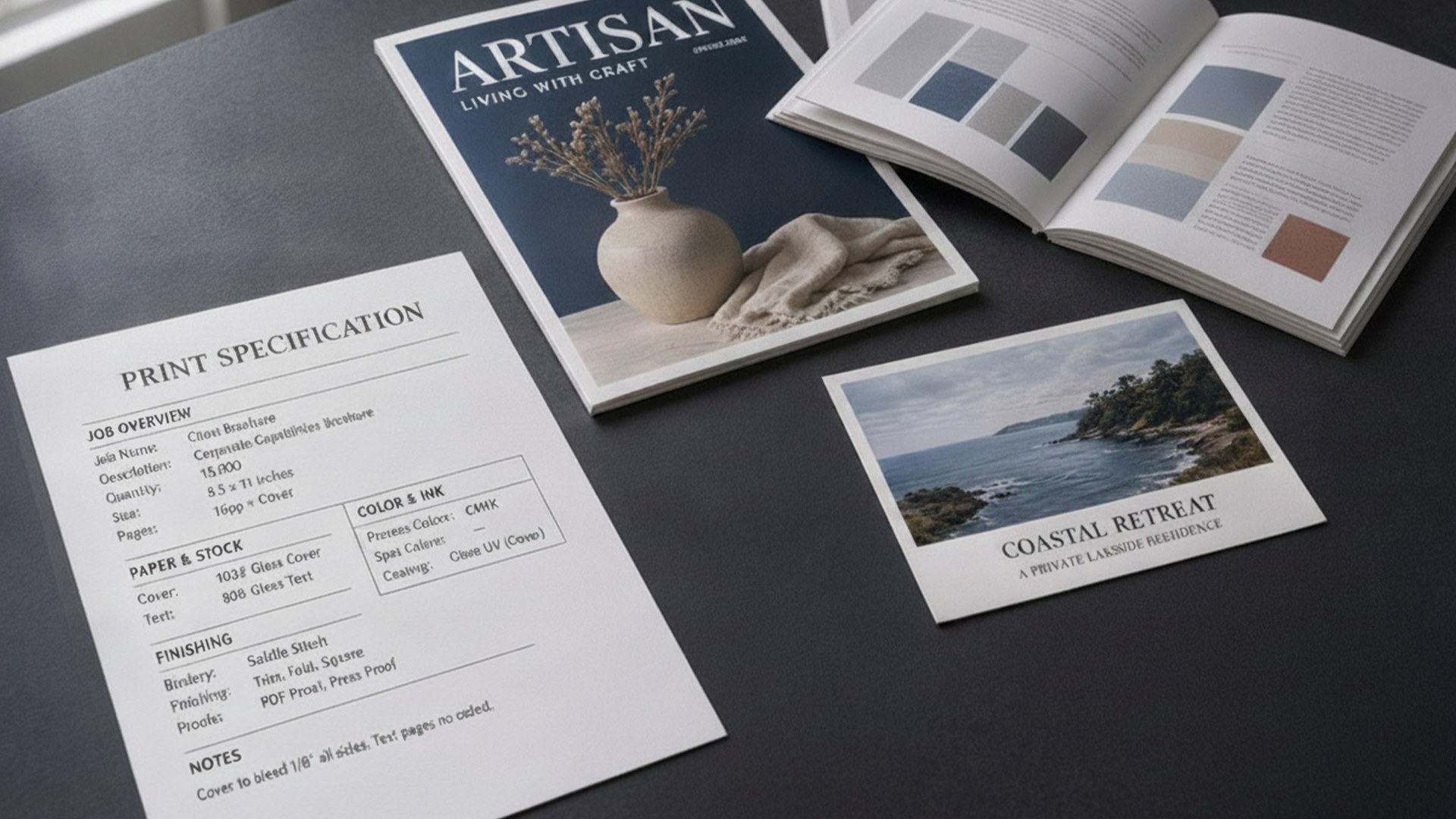 Print samples, color swatches, and a print specification sheet on a desk