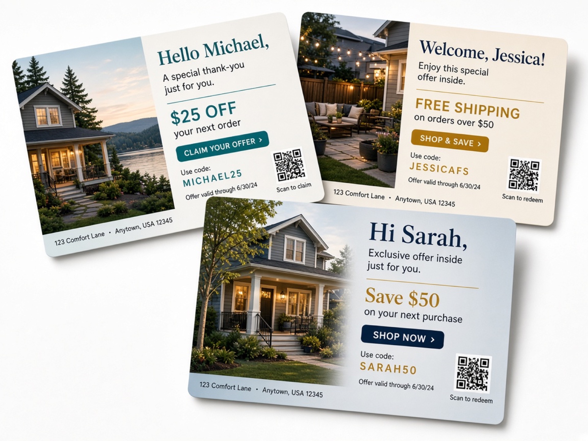 Personalized variable-data postcards with different names and offers